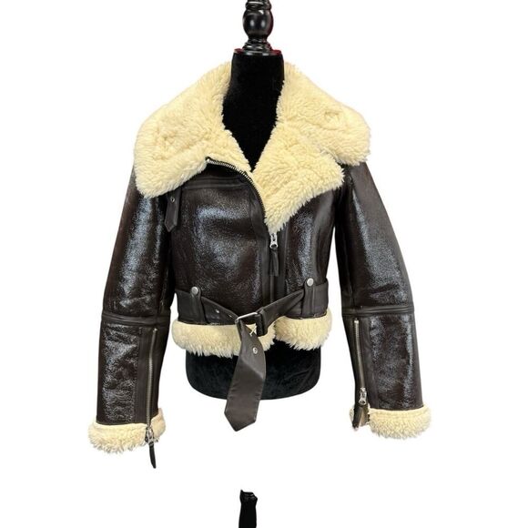 Urban Outfitters Brown Faux Leather Shearling Aviator Jacket Small - Picture 4 of 11